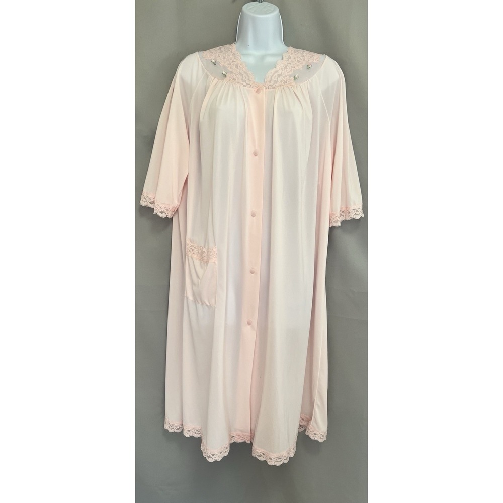 Vintage SHADOWLINE Women's Robe Medium Pink Nylon Lace Trim Y2K